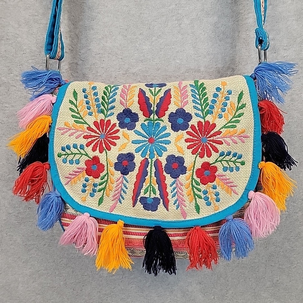 AMERICA AND BEYOND Embroidered Crossbody‎ Purse Bag Floral Tassels Colorful Boho
